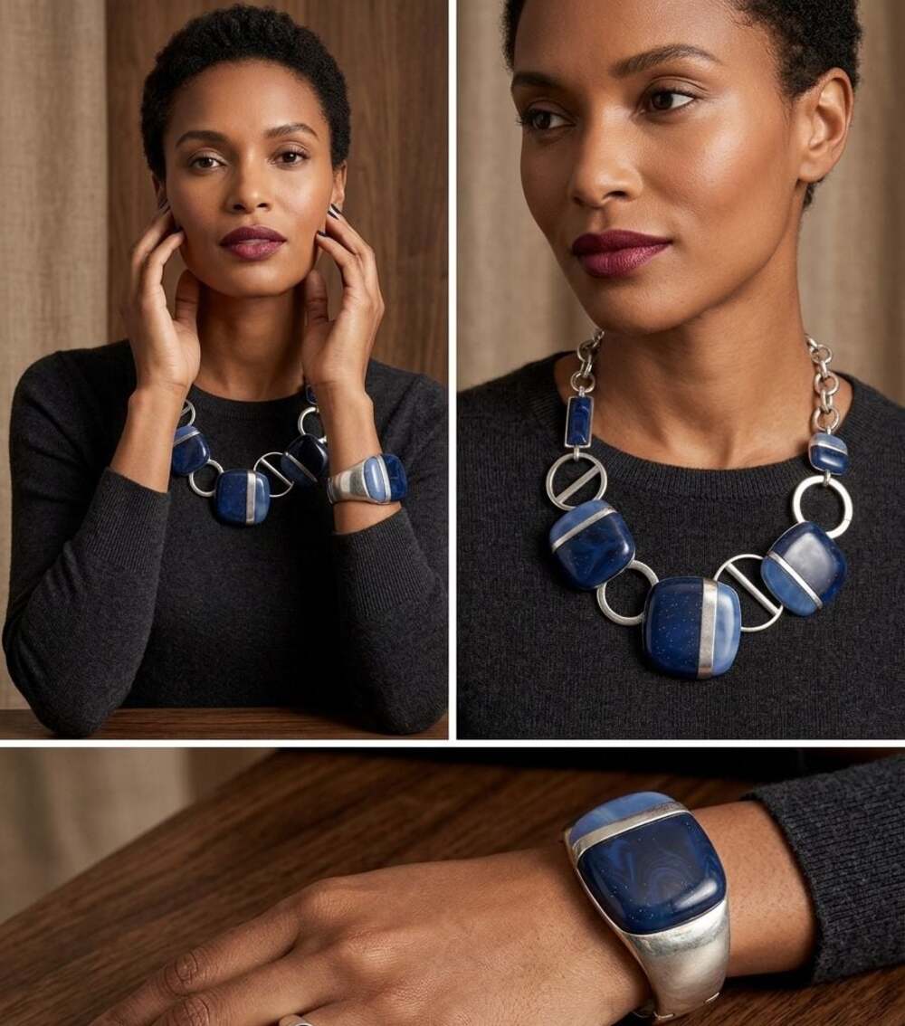 Chico's Modernist Statement Necklace and Matching Hinge Bracelet Set in Silver T